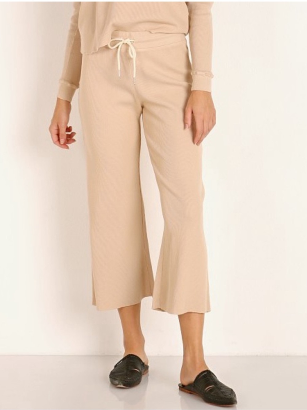 MATE the Label Ali Thermal Pant Latte Waffle Knit Ankle Crop High Rise Wide Leg